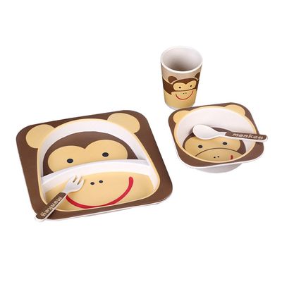 Green Bamboo Fibre Children Tableware Set with Lovely Cartoon Pattern (Monkey)