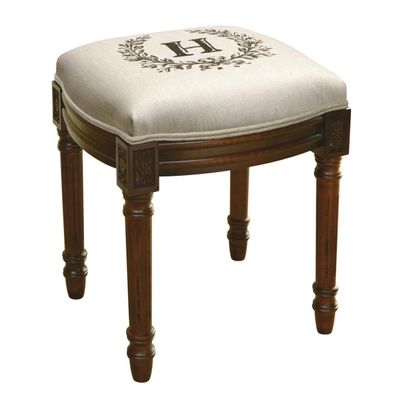 123 Creations Monogram Victorian Traditional Linen/Wood Vanity Stool Chestnut/H