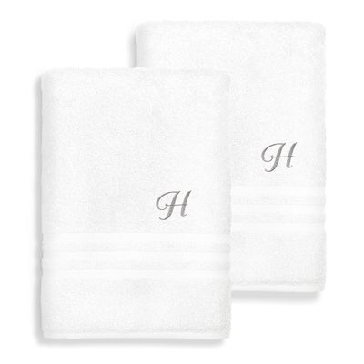 Authentic Hotel and Spa Omni Turkish Cotton Terry Set of 2 White Bath Towels with Grey Script Monogrammed Initial White/R