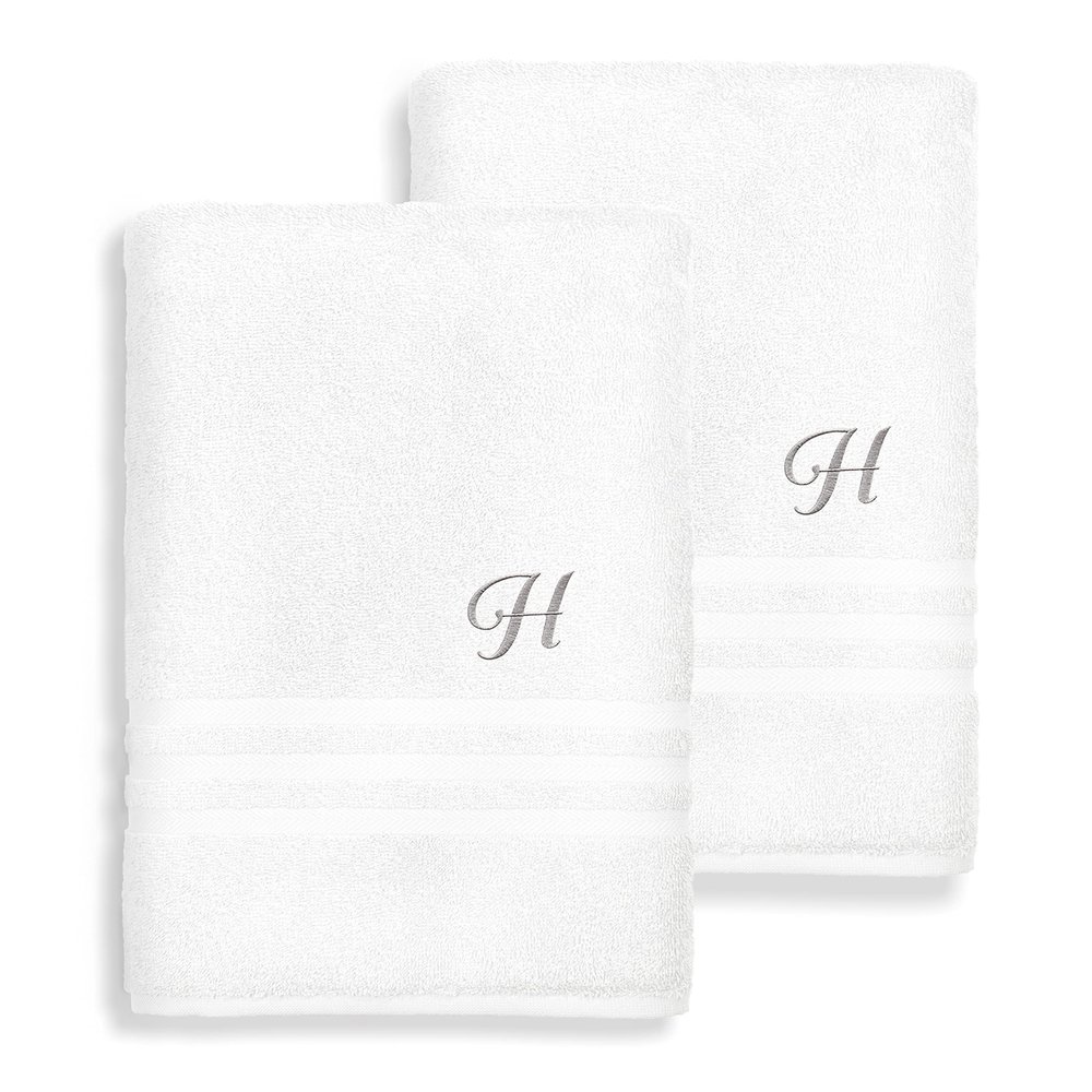 Authentic Hotel and Spa Omni Turkish Cotton Terry Set of 2 White Bath Towels with Grey Script Monogrammed Initial White/R