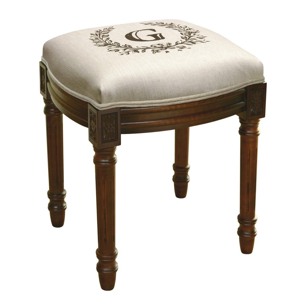 123 Creations Monogram Victorian Traditional Linen/Wood Vanity Stool Chestnut/G