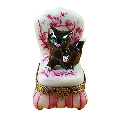 BLACK CAT ON TOILE CHAIR - LIMOGES BOX AUTHENTIC PORCELAIN FIGURINE FROM FRANCE