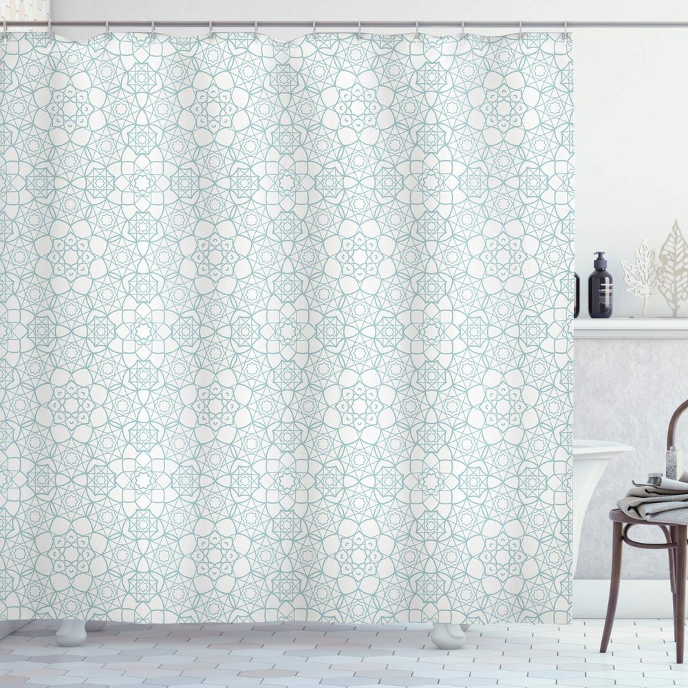 Ambesonne Moroccan Shower Curtain, Culture Inspired Elements Geometric Design Eastern Stars, Cloth Fabric Bathroom Decor Set with Hooks, 69" W x 70" L, Seafoam White