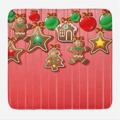 Ambesonne Gingerbread Man Bath Mat, Christmas Cookies and Baubles Bowties Symbolic Pastry Design, Plush Bathroom Decor Mat with Non Slip Backing, 30.2" x 20", Pastel Pink
