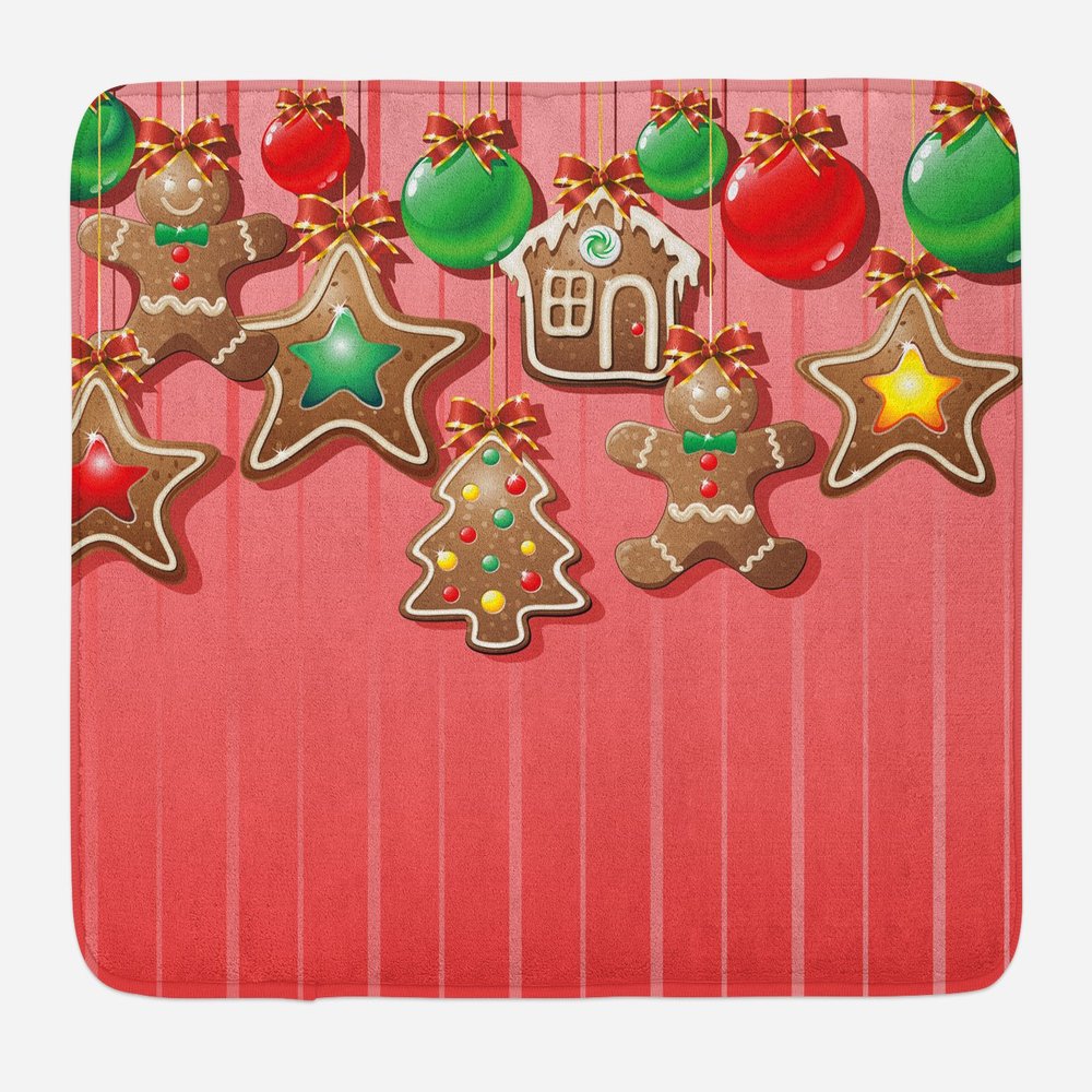 Ambesonne Gingerbread Man Bath Mat, Christmas Cookies and Baubles Bowties Symbolic Pastry Design, Plush Bathroom Decor Mat with Non Slip Backing, 30.2" x 20", Pastel Pink