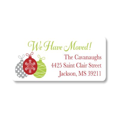 60ct - We have Moved Christmas Return Address Labels, Merry Christmas Ornament Return Address Stickers, Holiday Address Stickers (#359-WH)