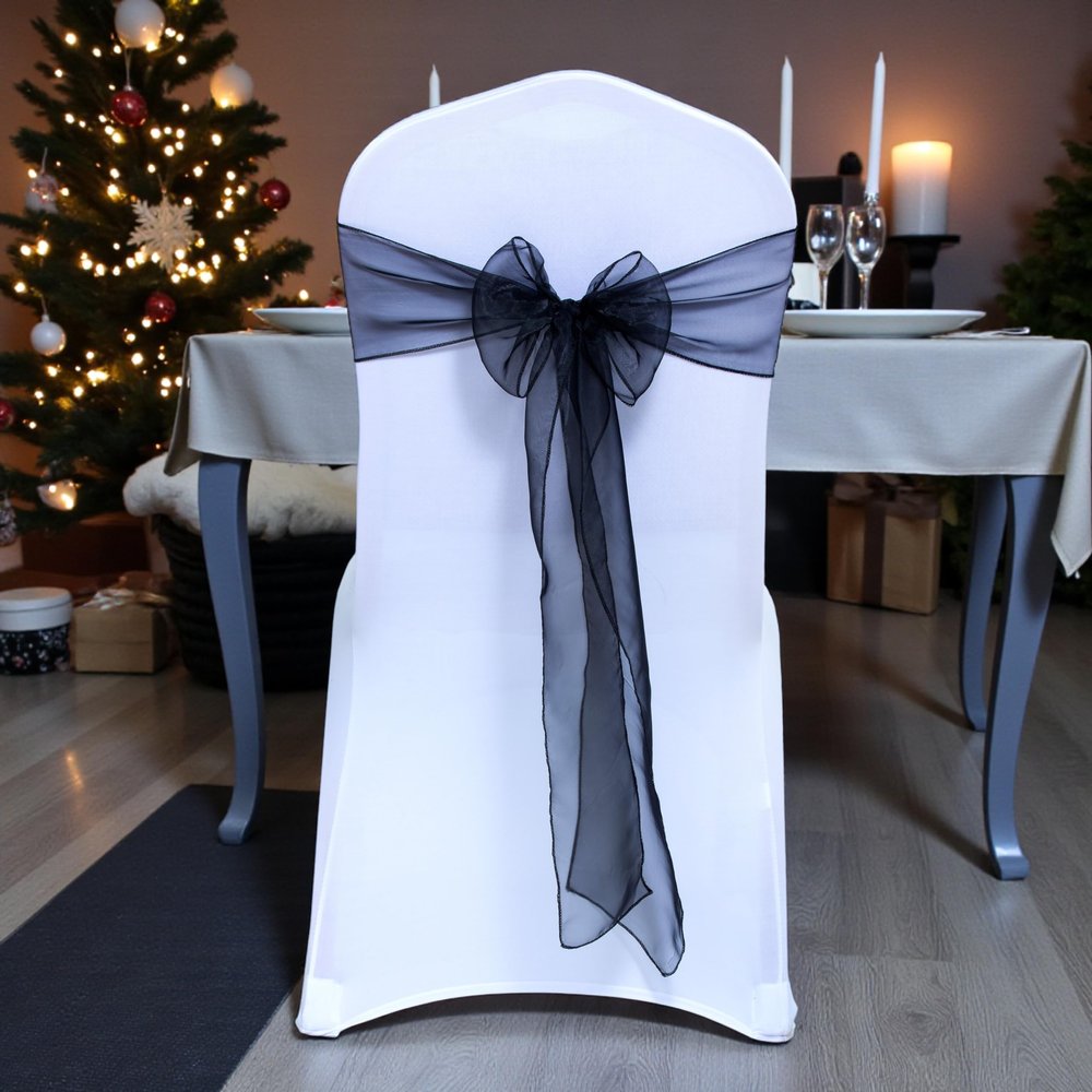 MDS Pack of 75 PCS Organza Chair Sashes Wider Dining Chair Bows Ribbon Tie Back for Wedding Party Birthday Bridal Shower Reception Event Banquet Home Chair Cover Decoration - Black