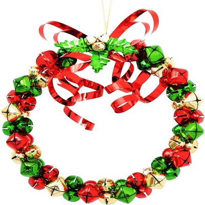 9.5" Christmas Metal Jingle Bell Wreath Christmas Tree Pendant, Red & Green