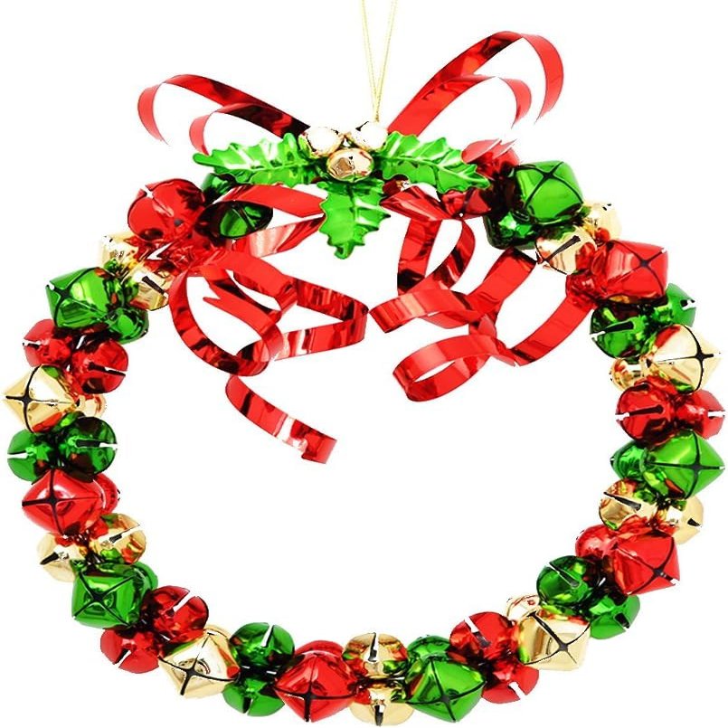 9.5" Christmas Metal Jingle Bell Wreath Christmas Tree Pendant, Red & Green