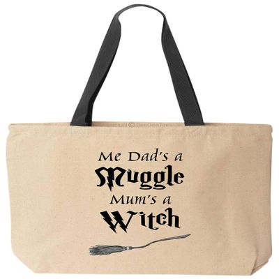 BeeGeeTees Me Dad's A Mug Mum's A Witch Funny Canvas Cute Tote Bag Wizard