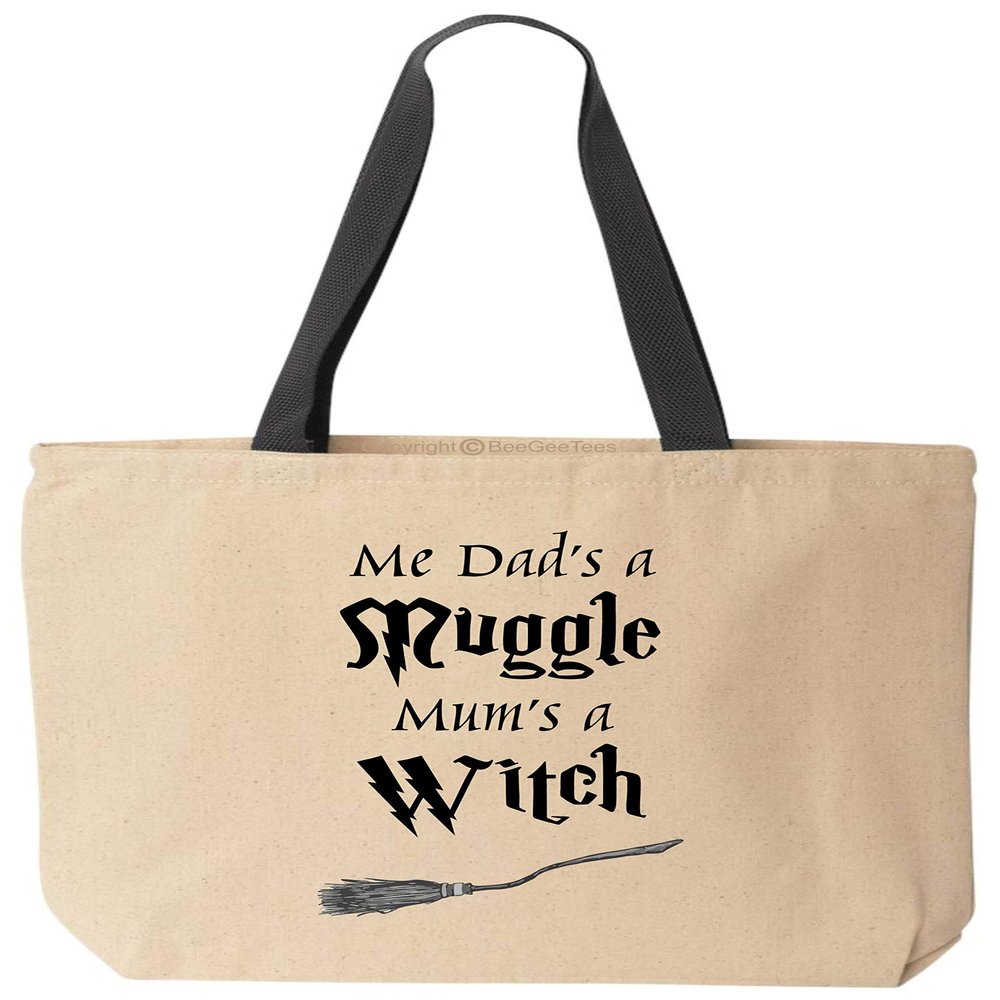 BeeGeeTees Me Dad's A Mug Mum's A Witch Funny Canvas Cute Tote Bag Wizard