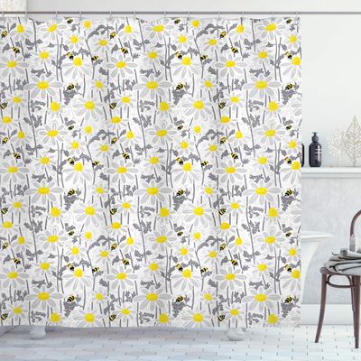 Ambesonne Yellow Shower Curtain, Pattern with Bees and Chamomile Daisy Flowers in Flourishing Meadow Nature, Cloth Fabric Bathroom Decor Set with Hooks, 69" W x 75" L, Grey Yellow White