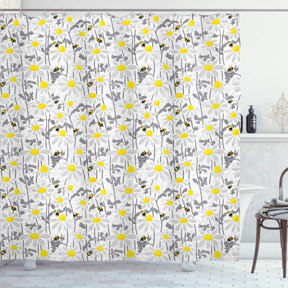 Ambesonne Yellow Shower Curtain, Pattern with Bees and Chamomile Daisy Flowers in Flourishing Meadow Nature, Cloth Fabric Bathroom Decor Set with Hooks, 69" W x 75" L, Grey Yellow White