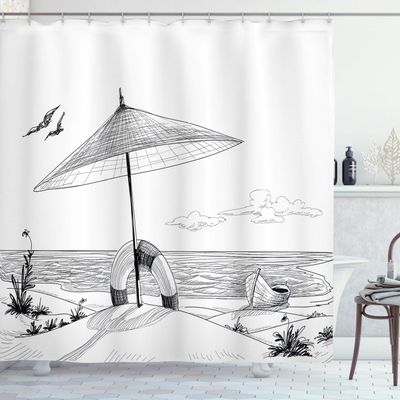 Ambesonne Beach Shower Curtain, Doodle Style Sketch Pattern Monochrome Illustration Ocean and Boat Pencil Drawing, Cloth Fabric Bathroom Decor Set with Hooks, 69" W x 84" L, Black White