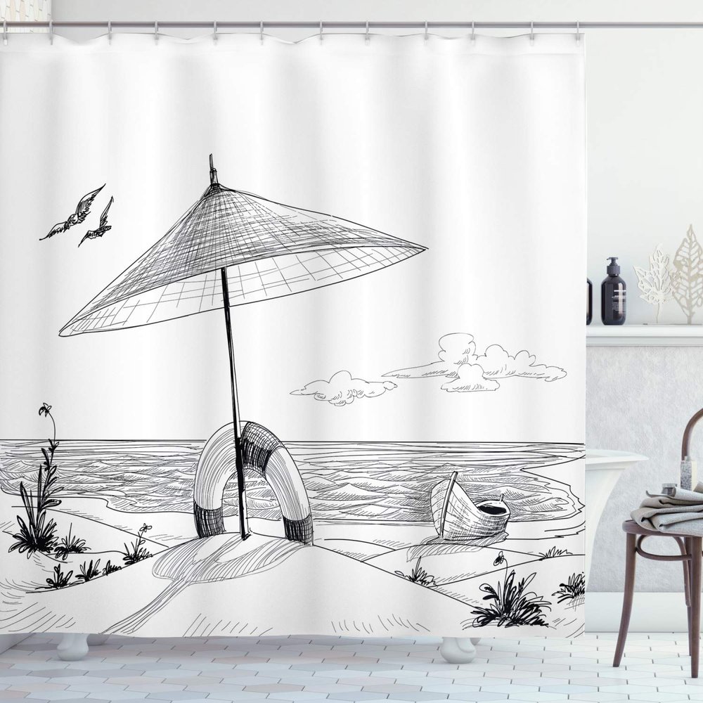 Ambesonne Beach Shower Curtain, Doodle Style Sketch Pattern Monochrome Illustration Ocean and Boat Pencil Drawing, Cloth Fabric Bathroom Decor Set with Hooks, 69" W x 84" L, Black White