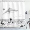 Ambesonne Beach Shower Curtain, Doodle Style Sketch Pattern Monochrome Illustration Ocean and Boat Pencil Drawing, Cloth Fabric Bathroom Decor Set with Hooks, 69" W x 84" L, Black White view 1
