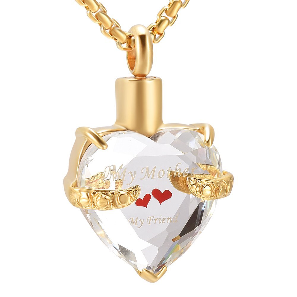 Oinsi Heart Birthstone Cremation Urn Necklace - My Mother,My Friend Engraved Memorial Ashes Urn Jewelry (Gold with white writing)
