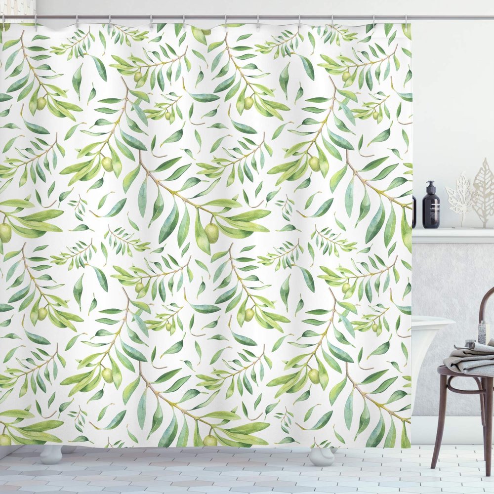 Ambesonne Green Leaf Shower Curtain, Watercolor Style Olive Branch Mediterranean Tree Exotic Illustration Print, Cloth Fabric Bathroom Decor Set with Hooks, 69" W x 75" L, Avocado Green