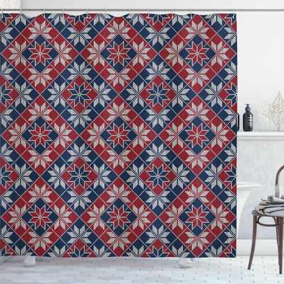 Ambesonne Nordic Shower Curtain, Wool Knit Pattern with Tartan Geometric Stripes Flower Print, Cloth Fabric Bathroom Decor Set with Hooks, 69" W x 70" L, Ruby Dark Blue Coconut