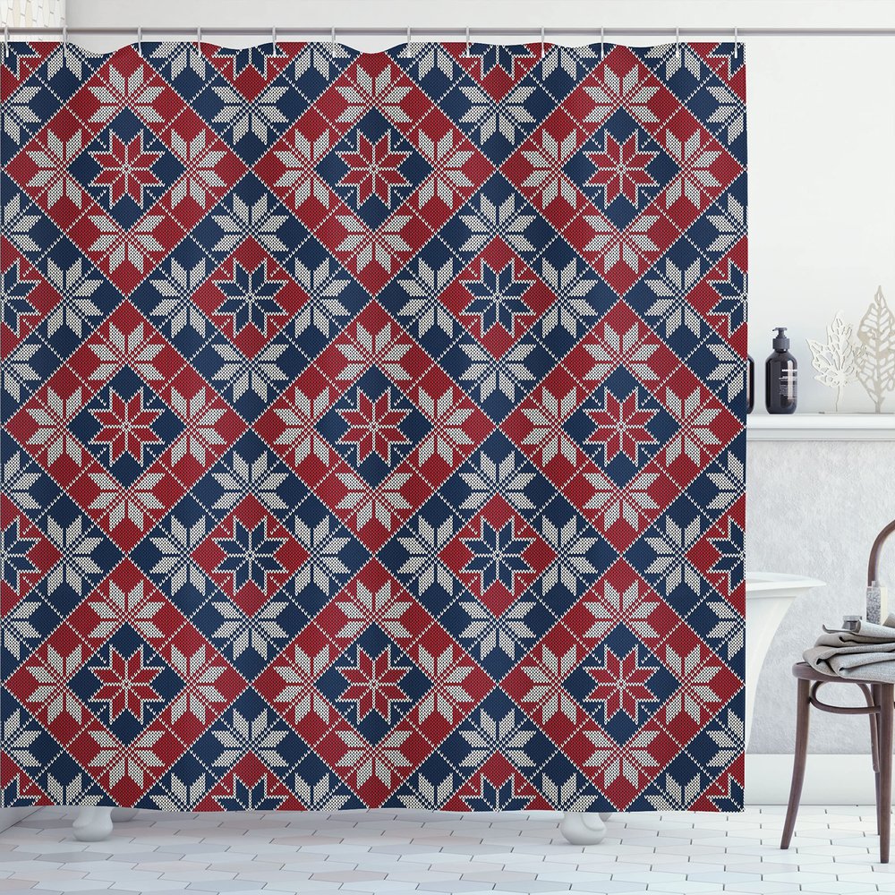 Ambesonne Nordic Shower Curtain, Wool Knit Pattern with Tartan Geometric Stripes Flower Print, Cloth Fabric Bathroom Decor Set with Hooks, 69" W x 70" L, Ruby Dark Blue Coconut