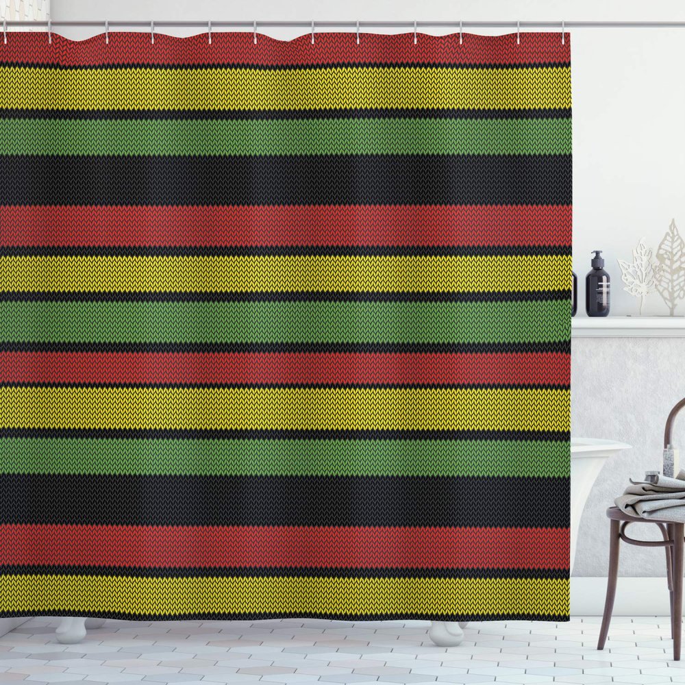 Ambesonne Jamaican Shower Curtain, Knitted Effect Rastafarian Stripes Abstract Caribbean Culture Elements Tropical, Cloth Fabric Bathroom Decor Set with Hooks, 69" W x 84" L, Vermilion Yellow Green