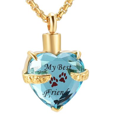 Oinsi Engraving Paw Print My Best Friend Birthstone Cremation Necklace For Pet Urn Jewelry (Blue Stone)