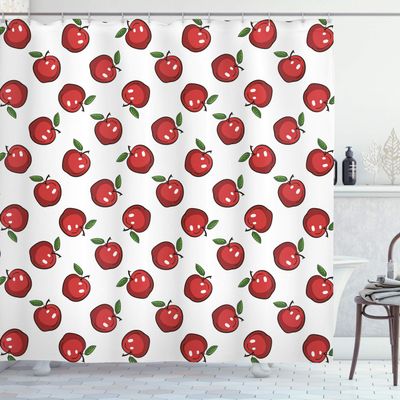 Ambesonne Fruits Shower Curtain, Repeating Funny and Simplistic Cartoon Apples Juicy Delicious Eats Art, Cloth Fabric Bathroom Decor Set with Hooks, 69" W x 70" L, Dark Coral White Green
