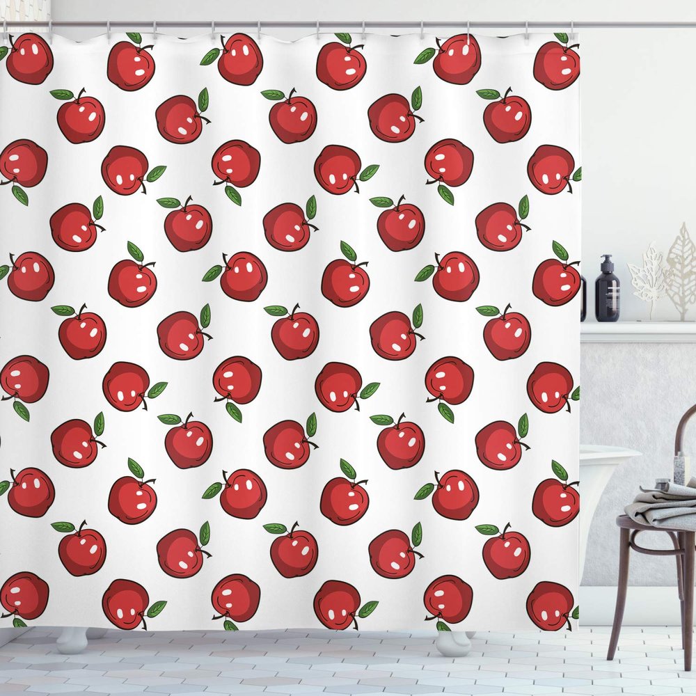Ambesonne Fruits Shower Curtain, Repeating Funny and Simplistic Cartoon Apples Juicy Delicious Eats Art, Cloth Fabric Bathroom Decor Set with Hooks, 69" W x 70" L, Dark Coral White Green