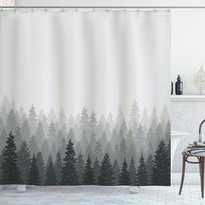 Ambesonne Forest Shower Curtain, Wilderness Pattern with Many Trees Nature Panorama Monochrome Woods, Cloth Fabric Bathroom Decor Set with Hooks, 69" W x 75" L, Pale Grey Dark Grey