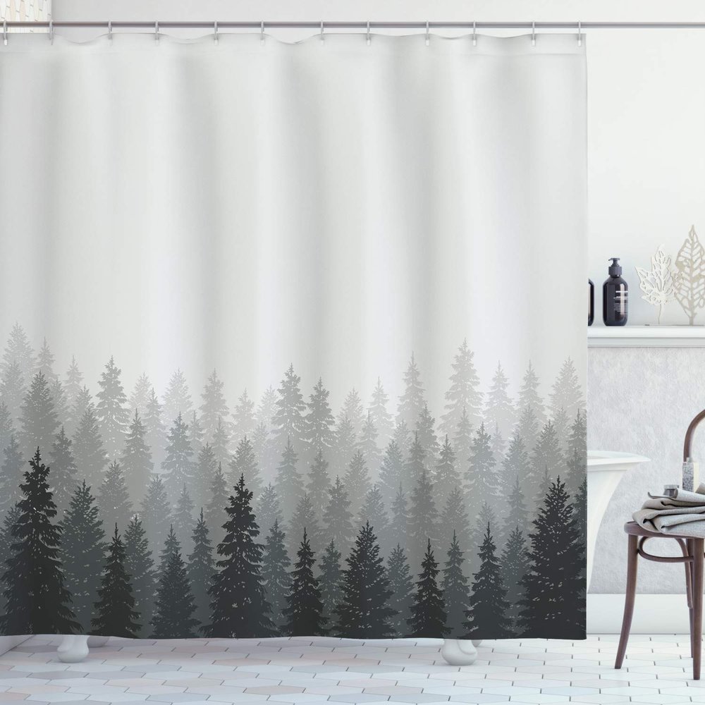 Ambesonne Forest Shower Curtain, Wilderness Pattern with Many Trees Nature Panorama Monochrome Woods, Cloth Fabric Bathroom Decor Set with Hooks, 69" W x 75" L, Pale Grey Dark Grey