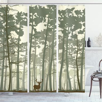Ambesonne Forest Shower Curtain, Vertical Stripes with Tall Trees and Lonely Deer Nature Illustration, Cloth Fabric Bathroom Decor Set with Hooks, 69" W x 75" L, Sage Green Cream Brown