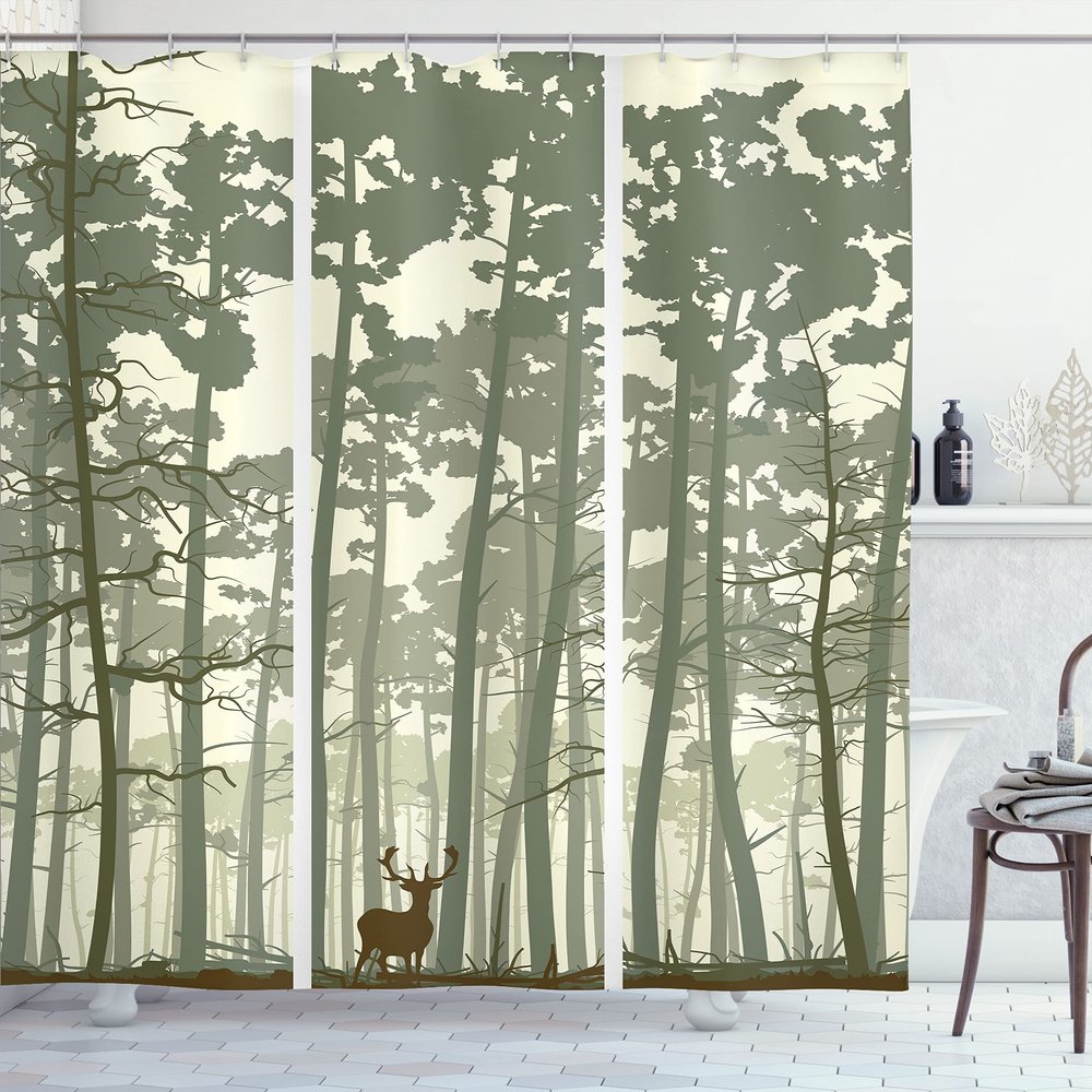Ambesonne Forest Shower Curtain, Vertical Stripes with Tall Trees and Lonely Deer Nature Illustration, Cloth Fabric Bathroom Decor Set with Hooks, 69" W x 75" L, Sage Green Cream Brown