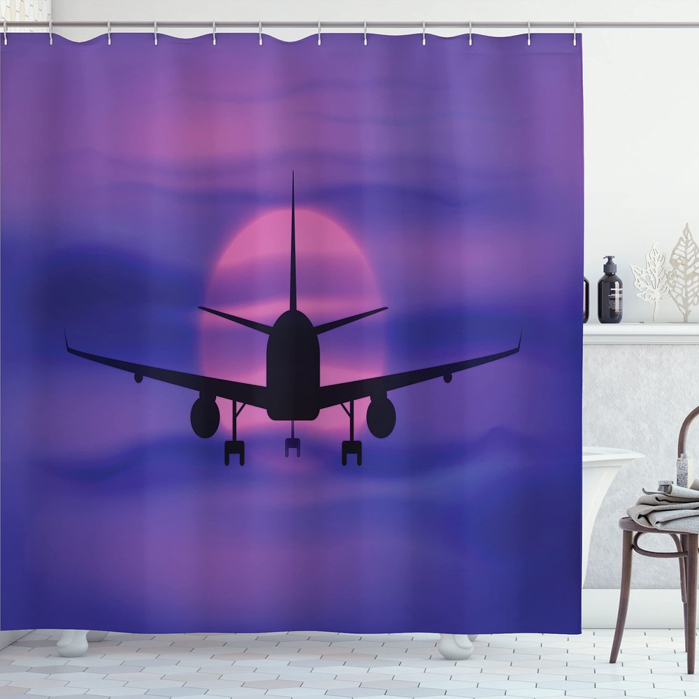 Ambesonne Airplane Shower Curtain, Plane Silhouette in Dreamy Sunset Sky Vacation Holiday Travel Theme, Cloth Fabric Bathroom Decor Set with Hooks, 69" W x 75" L, Royal Blue Pink Black