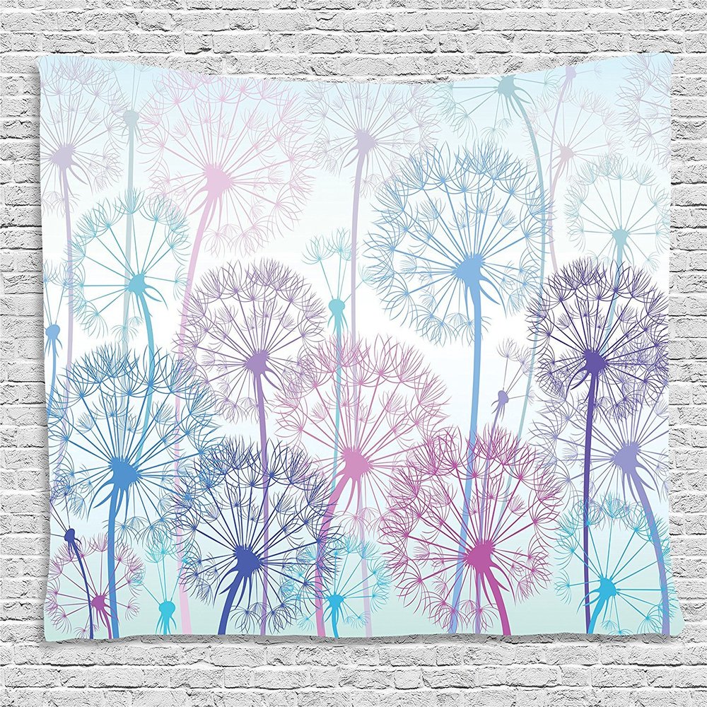 Ambesonne Dandelion Tapestry, Watercolor Abstract Floral Arrangement with Botany Inspirations Nature, Wide Wall Hanging for Bedroom Living Room Dorm, 80" X 60", Pale Blue Violet Pink