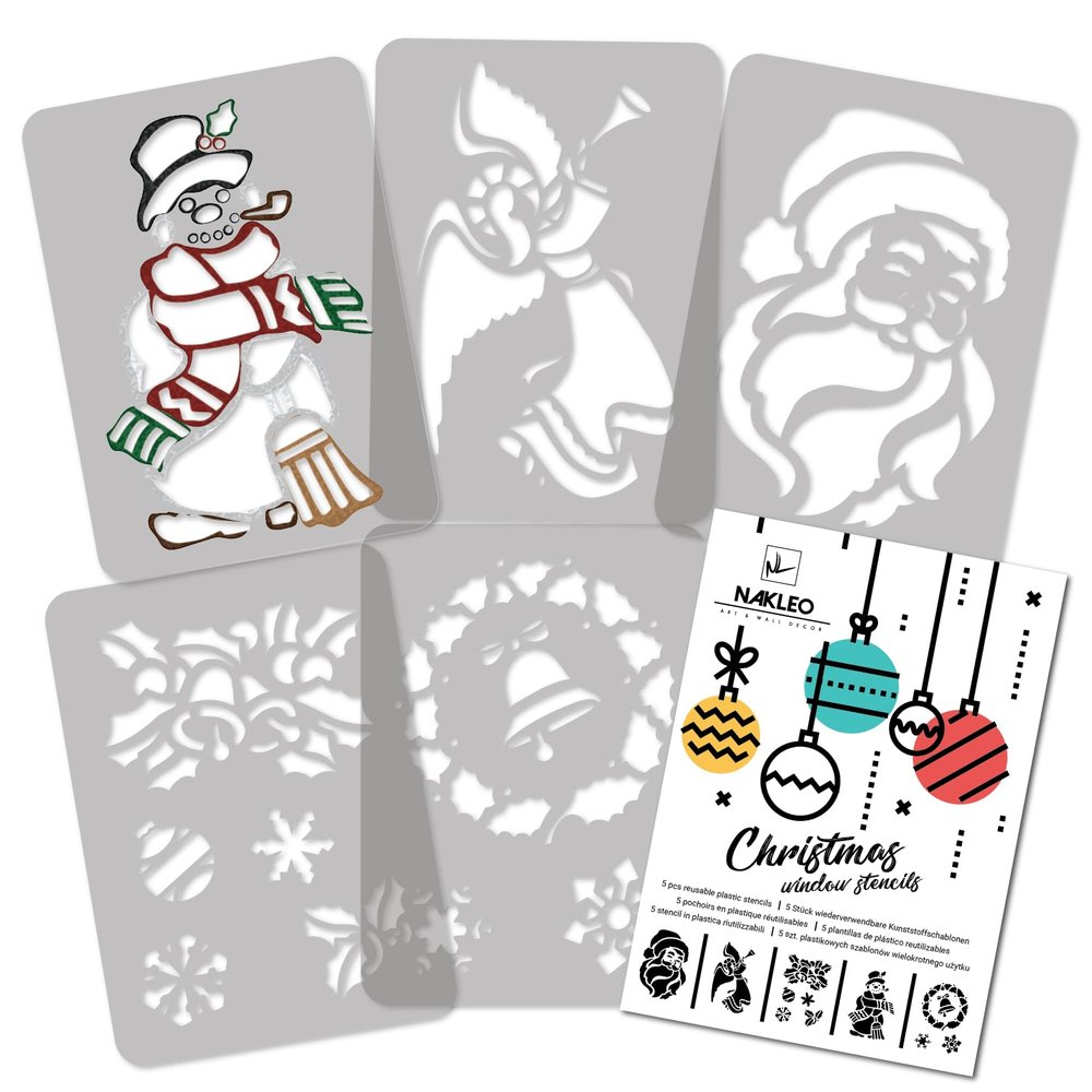 NAKLEO Christmas Painting Stencils Set of 5 pcs, Reusable Plastic Artificial Snow Spray Stencils for Window Decoration, A4 8.3x11.8 Christmas Patterns, Snowflake Santa