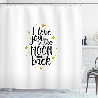 Ambesonne Love Shower Curtain, I Love You to The Moon and Back Doodle Stars Hand Writing Inspirational, Cloth Fabric Bathroom Decor Set with Hooks, 69" W x 70" L, Earth Yellow Black White