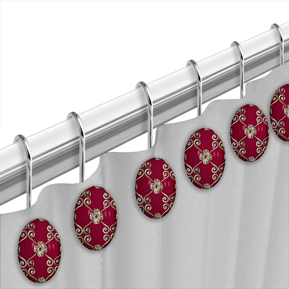 Popular Bath Shower Curtain Hooks, Vlegant Rosa Collection, Set of 12, Burgundy/Gold