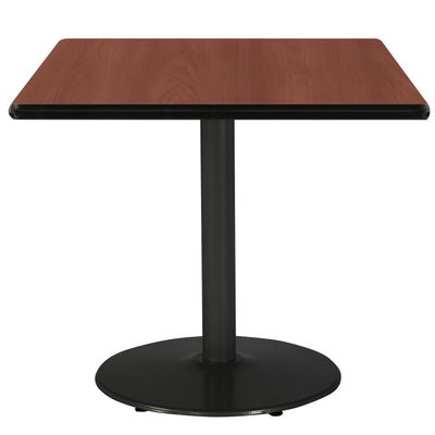 36" Square Pedestal Table with Mahogany Top, Round Black Base