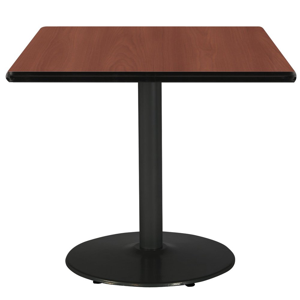 36" Square Pedestal Table with Mahogany Top, Round Black Base