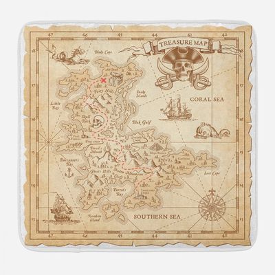 Ambesonne Island Bath Mat, Old Antique Treasure Map Details Retro Color Adventure Sailing Pirate Print, Plush Bathroom Decor Mat with Non Slip Backing, 30.2" x 20", Cream