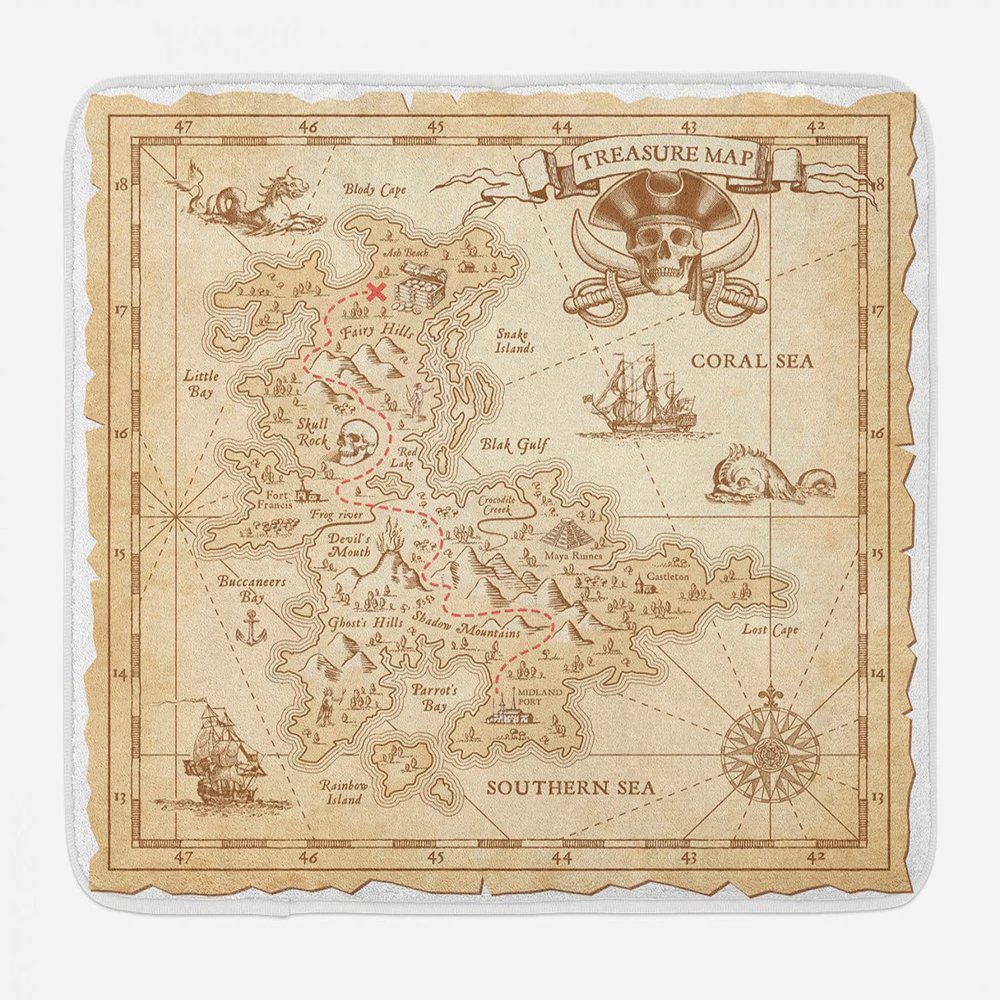 Ambesonne Island Bath Mat, Old Antique Treasure Map Details Retro Color Adventure Sailing Pirate Print, Plush Bathroom Decor Mat with Non Slip Backing, 30.2" x 20", Cream