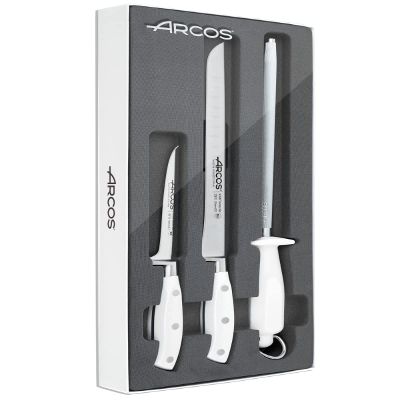 Arcos - Professional Carving and Boning Knife Set with Honing Steel. Stainless Steel Blades. White Handles. Riviera Blanc Series