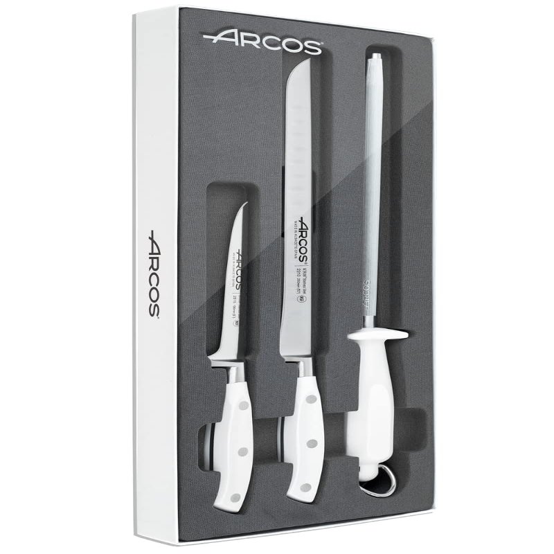 Arcos - Professional Carving and Boning Knife Set with Honing Steel. Stainless Steel Blades. White Handles. Riviera Blanc Series