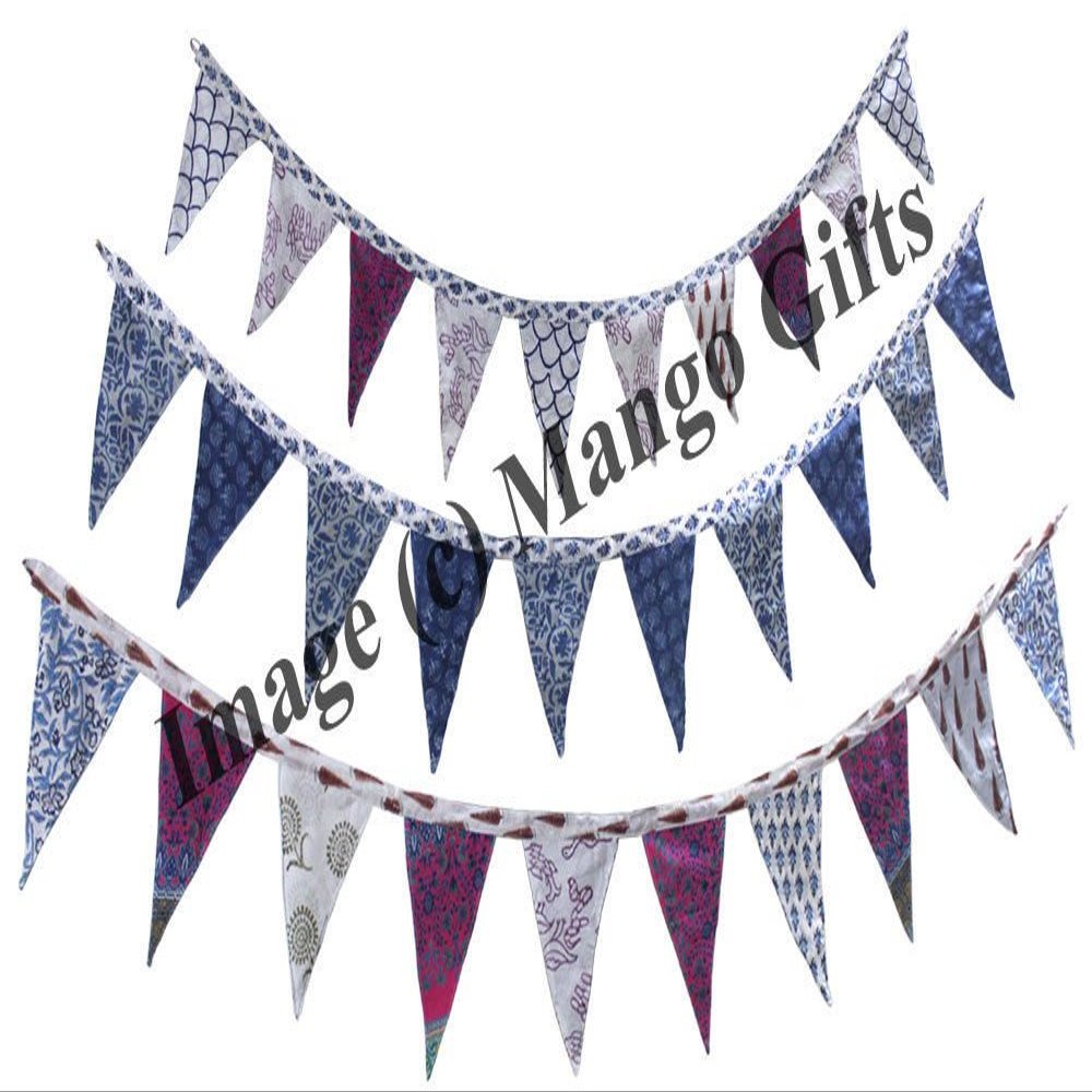 Mango Gifts Large Indian Reversible Cotton Fabric Bunting with 10 Flags Tea Pary Banners