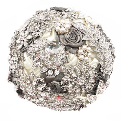 Abbie Home Luxury Wedding Brooch Jewelry Bouquet - Satin Rose Bridal Flower with Handcrafted Sparkling Rhinestone Gems-Creamy+Grey