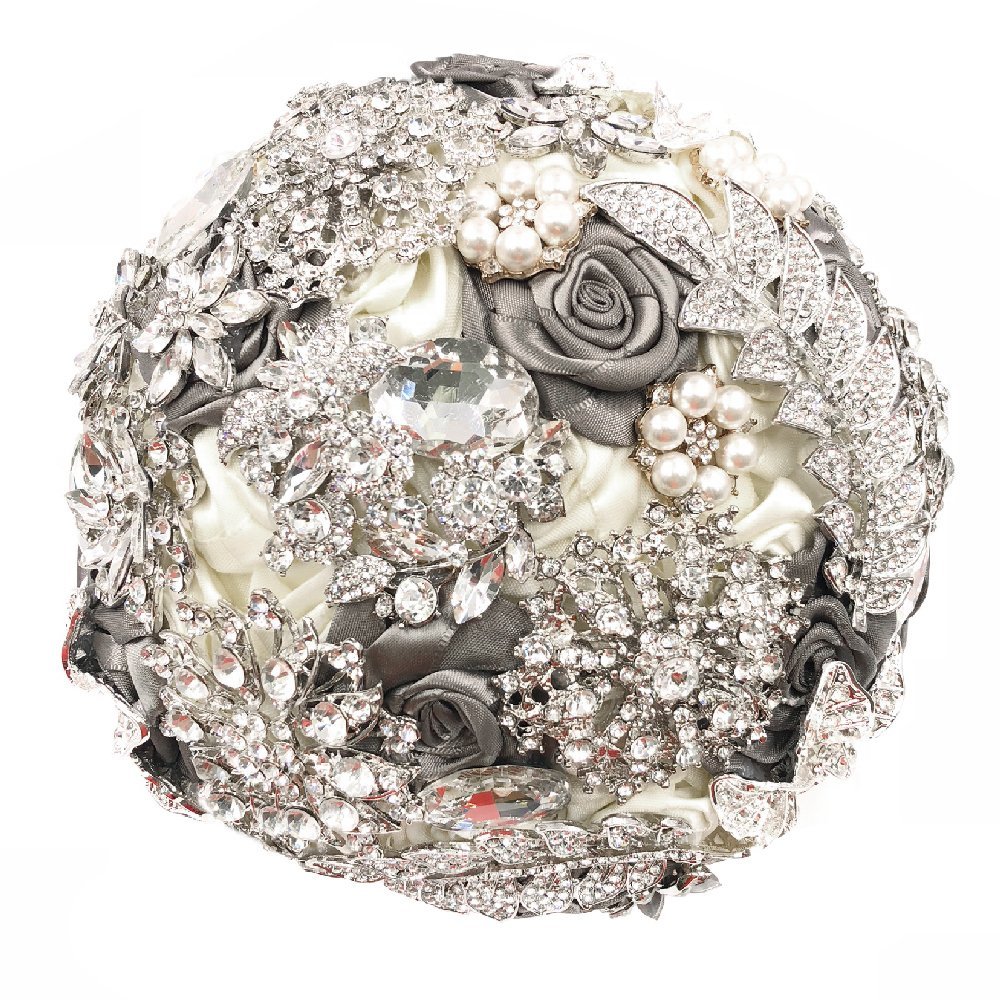 Abbie Home Luxury Wedding Brooch Jewelry Bouquet - Satin Rose Bridal Flower with Handcrafted Sparkling Rhinestone Gems-Creamy+Grey