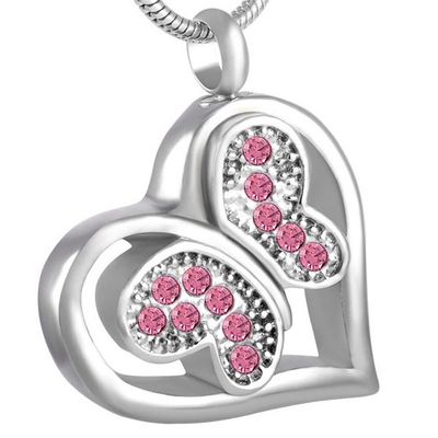 Little Crystal Butterfly In My Heart Memorial Pendant Necklace Pet Cremation Urn Jewelry For Ashes (Pink Stone)