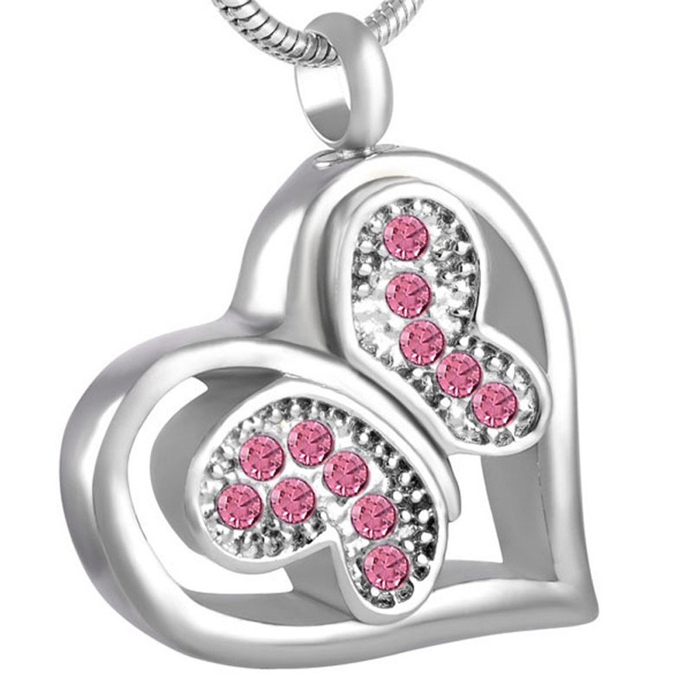 Little Crystal Butterfly In My Heart Memorial Pendant Necklace Pet Cremation Urn Jewelry For Ashes (Pink Stone)