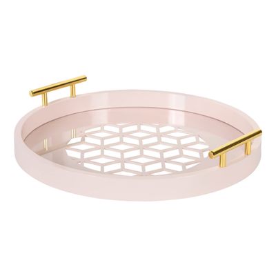 Kate and Laurel Caspen Decorative Round Tray with Cut Out Patterned Center and Gold Metal Handles, Pink