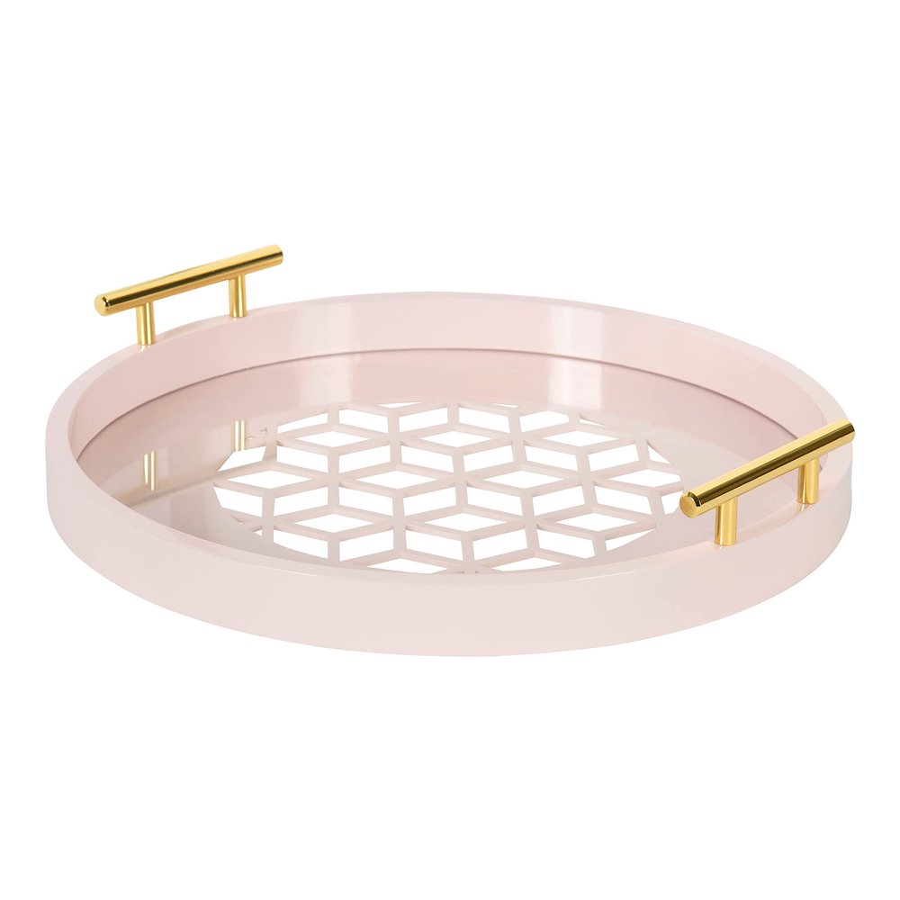 Kate and Laurel Caspen Decorative Round Tray with Cut Out Patterned Center and Gold Metal Handles, Pink
